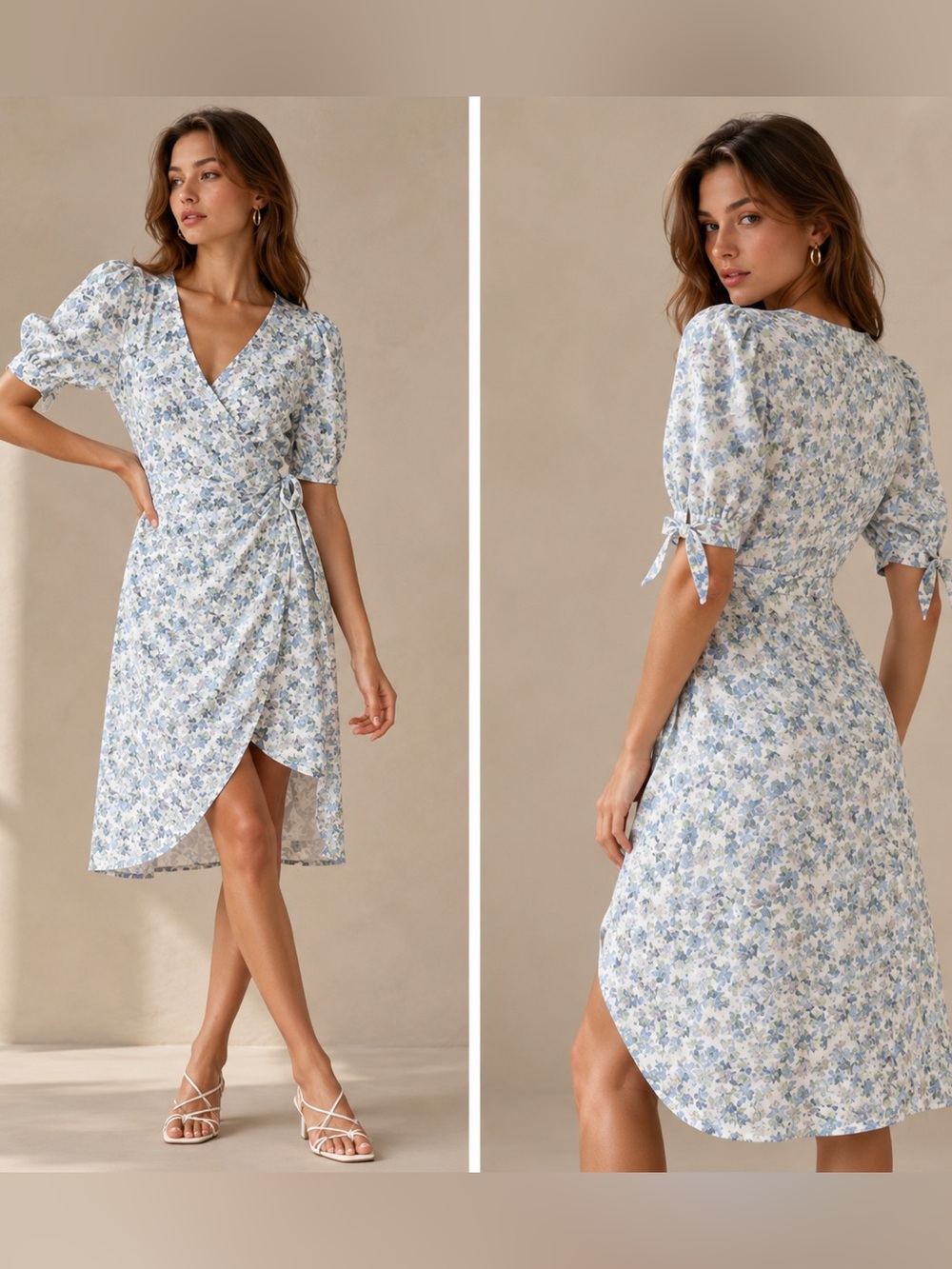 NWT Lulu's Exquisite Style White Floral Print Puff Sleeve Faux-Wrap Dress